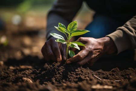 Planting trees for green sustainable future, Person holding a plant in the dirt. Generative AI. . High quality photoの素材