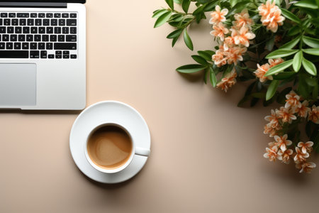 Top view workspace Laptop, notebook, pen and coffee with plant on wooden table. High quality photoの素材