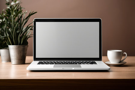 Laptop computer, plant and coffee on wooden table generate with Ai. High quality photoの素材