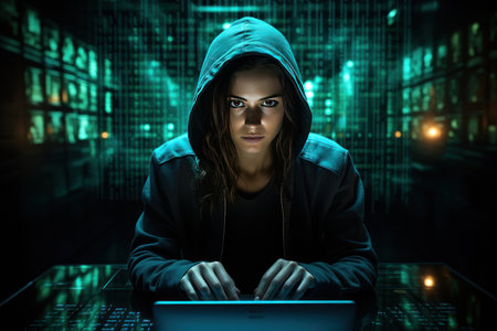 Hacker woman attack on cyber network generate with Ai. High quality photoの素材