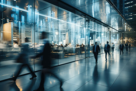 Motion blue group people walking on the city hallway, Generative with Ai. High quality photoの素材