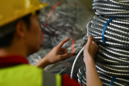 Cropped shot of worker inspecting steel pipe material for production on shelf rack at factory...