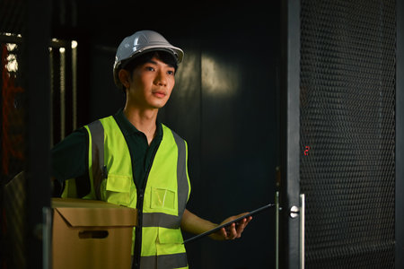 Handsome male worker in hardhat and vest holding cardboard box while standing in industrial plant.