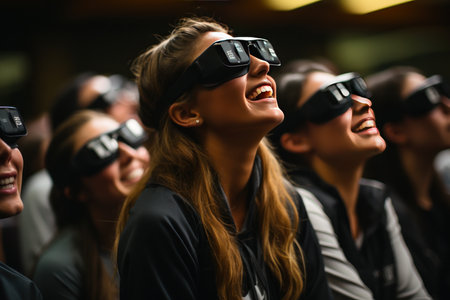 Group of students highs school, wearing virtual reality headset in class room generate with Ai. High quality photoの素材