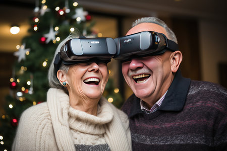 Elder couple using Vr device in domestic home , Generate With Ai. High quality photoの素材