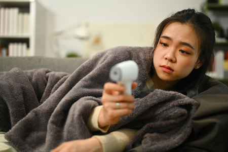 Young woman in blanket lying on couch and measuring fever with infrared thermometer. Healthcare...