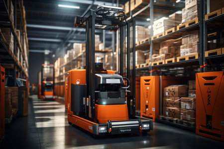 Automation Warehouse mega store industrial with generative Ai, Wide shot. High quality photoの素材