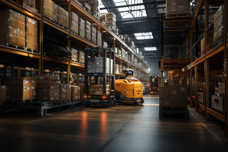 Automation Warehouse mega store industrial with generative Ai, Wide shot. High quality photoの素材