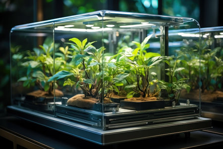 Growing plant seedlings under a LED lights, plants factory automated. Future technology, innovation and smart agriculture. Generate with AI.の素材