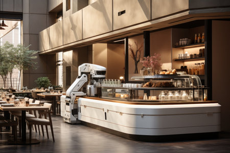 Robot arms preparing coffee in restaurant. Created with Generative AIの素材
