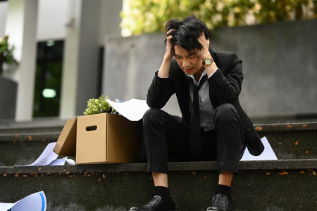 Upset businessman sitting hopelessly on stairs of building with box of personal stuff. Unemployed, depressed and financial crisis.の写真素材