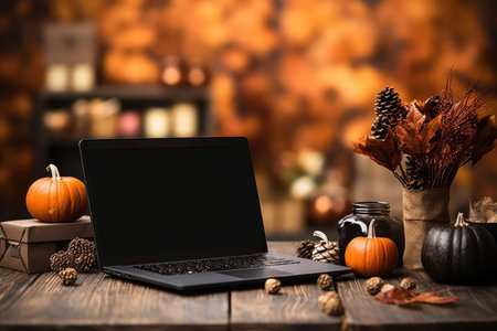 Laptop computer on wooden table decorative with Halloween season, Generate with Ai. High quality photoの素材