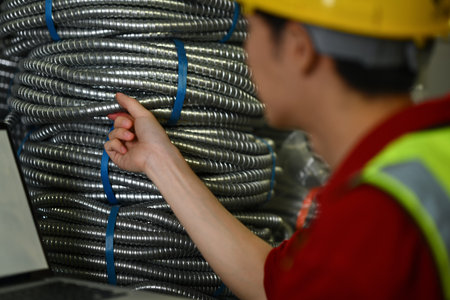 Cropped shot of male worker inspecting steel pipe material for production on shelf rack at factory...