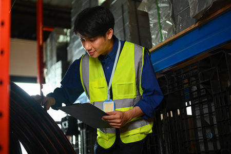 Photo of male worker inspecting, counting products stock in a warehouse for inventory management...