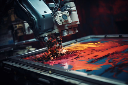 Robot arm Drop color on canvas, Generative with Ai. High quality photoの素材