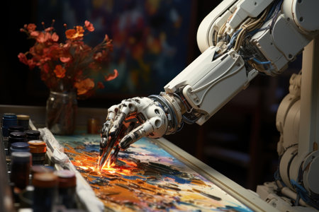 Closeup Robot Ai creative painting on color canvas, Generative with Ai. High quality photoの素材