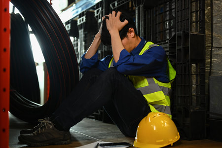 Depressed male worker leaning against rack feeling tried after overwork, burned out or being fired.