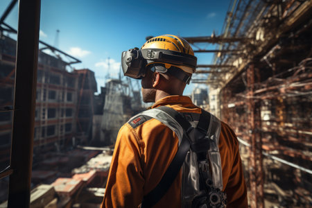 Builder architecture man simulator with VR on construction site, Generate with Ai. High quality photoの素材