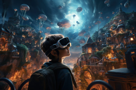 Boy wearing VR headset user, fantasy world and virtual reality, Generative AI. High quality photoの素材