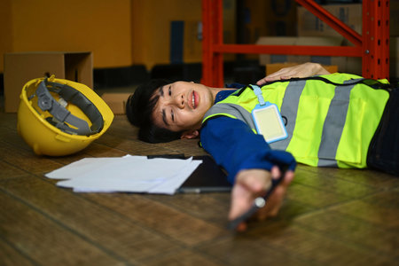 Male worker suffering from chest pain from accident in warehouse and try to making an emergency call, asking for first aid team.の写真素材