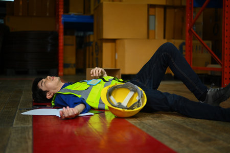 Male warehouse worker lying unconscious on floor after an accident. Safety, and Insurance concept.の写真素材