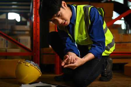 Male worker with bleeding blood from the cut finger wound. Industrial accident concept.の写真素材