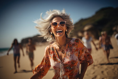 Mature woman on beach and happy or funny moment on face, Generate with Ai. High quality photoの素材