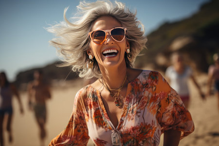 Mature woman on beach and happy or funny moment on face, Generate with Ai. High quality photoの素材