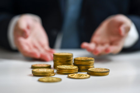 Stack of gold coins on white table with businessman sitting in background. Finance, investment and save money concept.の写真素材