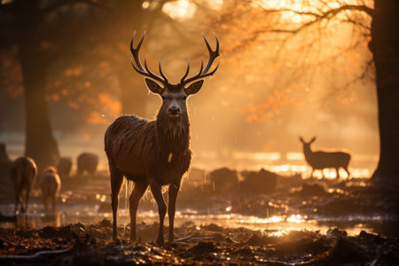 Red deer standing in the edge of a river in foggy forest. Created with Generative AI.の素材