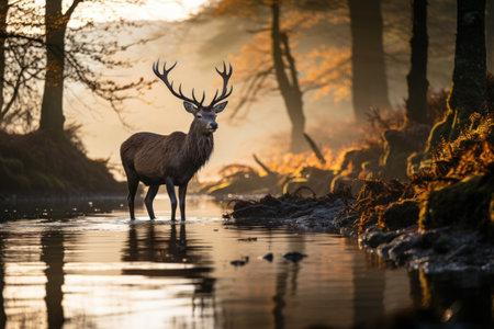 Red deer standing in the edge of a river in foggy forest. Created with Generative AI.の素材