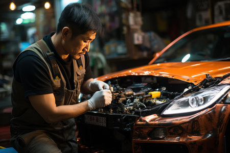 Handsome mechanic repairing car in repair shop or garage. Created with Generative AI.の素材