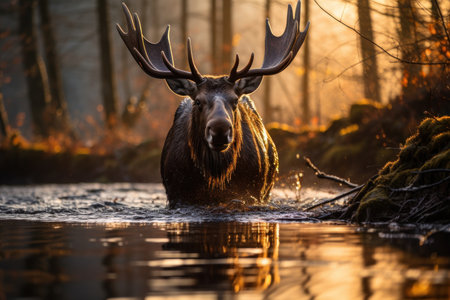 A bull moose standing in the edge of a river in the forest. Created with Generative AI.の素材