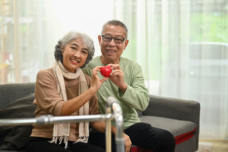 Positive senior couple holding heart shape. Healthcare, love and insurance concept.