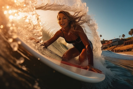 Surf woman on wave generate with Ai. High quality photoの素材