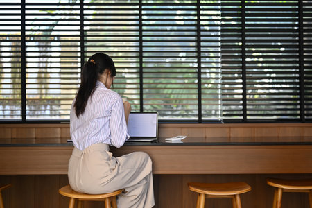 Back view of female employee using laptop computers sitting near window in creative office.の写真素材