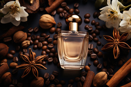 Elegant essential oil bottle with cinnamon sticks, anise, coffee and dry twigs on dark background. AI generated.の素材