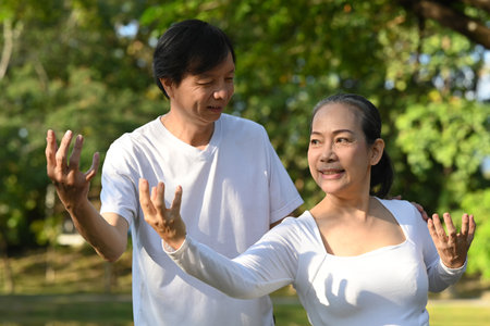 Happy senior couple practicing Tai Chi Chuan in the summer park. Senior health care and wellbeing concept.の写真素材