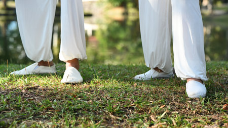 Legs of senior couple practicing traditional Tai Chi on green grass at the parkの写真素材