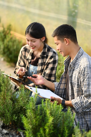Two young farmers checking organic vegetable and recording farming data on digital tablet.の写真素材