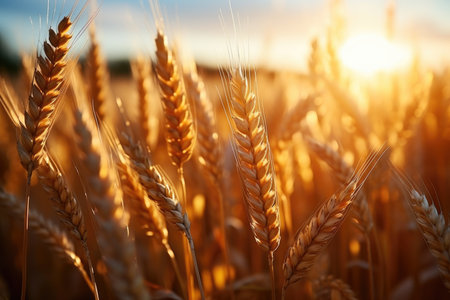 Golden ripe wheat field under shining sunlight. AI Generative.の素材