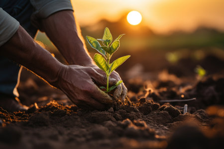Senior man planting seedling on blurred countryside and sunlight background. Generative AI.の素材