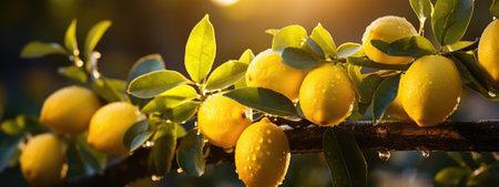 Bunches of fresh yellow lemons with green leaves on background of sunrise. Generative AI.の素材