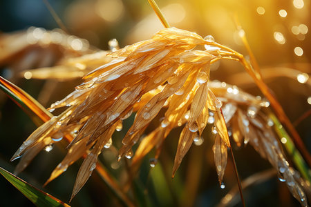 Closeup golden rice ear in the paddy field before harvest with sunrise. Generative AI.の素材