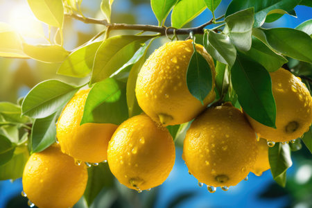 Bunches of fresh yellow lemons with green leaves on background of sunrise. Generative AI.の素材