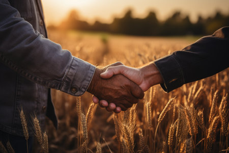 Two farmers standing in wheat field and shaking hands during sunset. AI generative.の素材