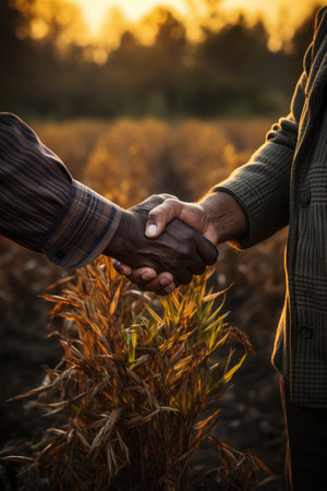 Two farmers standing in wheat field and shaking hands during sunset. AI generative.の素材