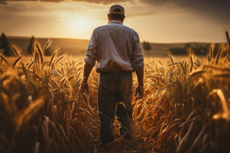 Senior male farmer looking at beautiful landscape in wheat field at sunset. AI Generative.の素材