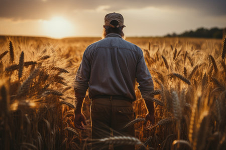 Senior male farmer looking at beautiful landscape in wheat field at sunset. AI Generative.の素材