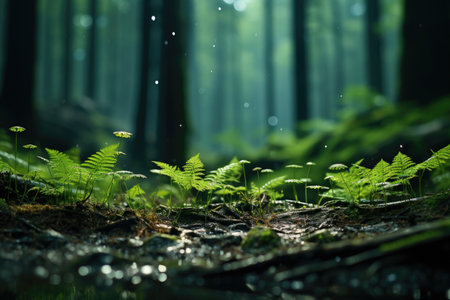 Green ferns in the rainy forest, Generate with Aiの素材